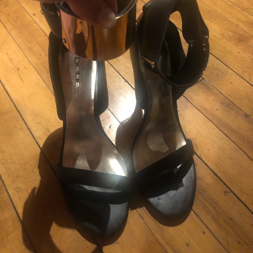Bebe black and gold metal ankle strap high heels